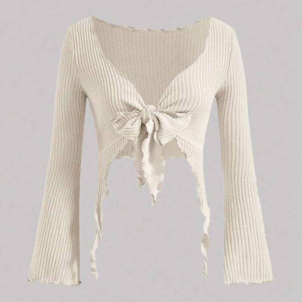 Cream Ribbed Tie-Front Sweater